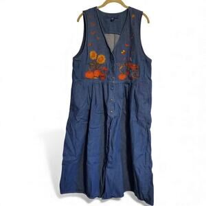 Vintage 90s Cottagecore Sunflower Fall Autumnal Denim A Line Maxi Dress